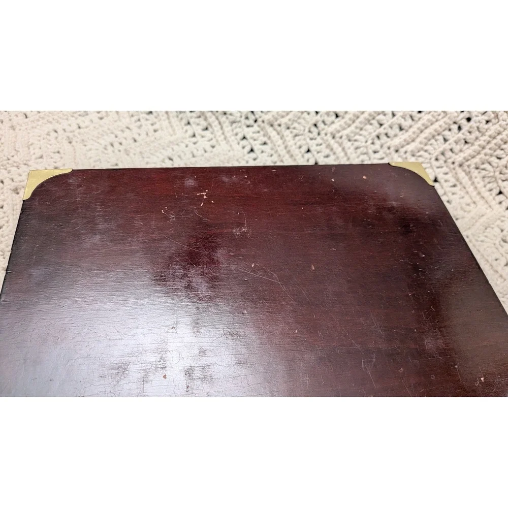 Vintage Wood Jewelry Box Brass Corner Campaign Style Green Velvet Lining 11x7x4